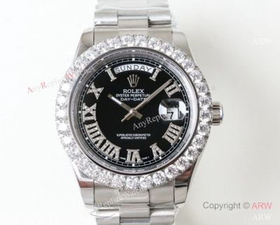 Replica N9 Rolex Day-Date II Stainless Steel Black Diamond Dial Watch Rolex ETA Watch